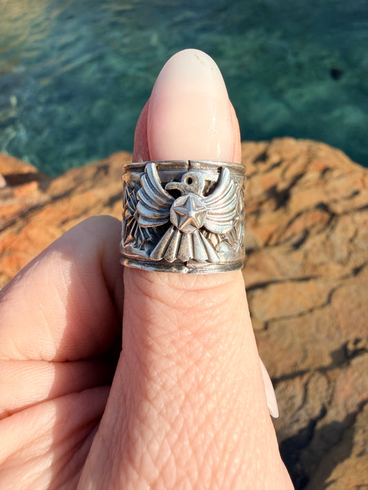 Delayne Reeves Handmade Navajo Sterling Silver Wide Band Ring Thunderbird size 6.5