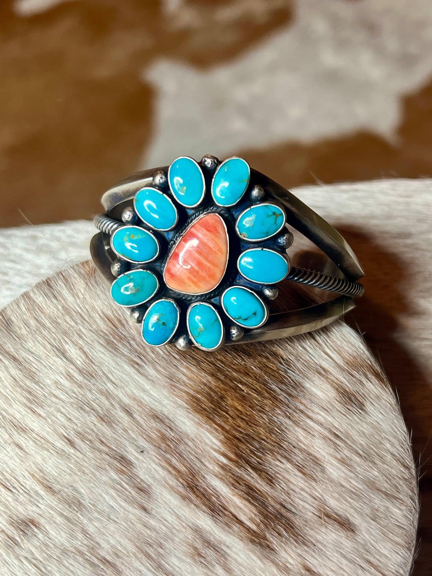 Large Kingman Turquoise Cluster and Orange Spiny Cuff