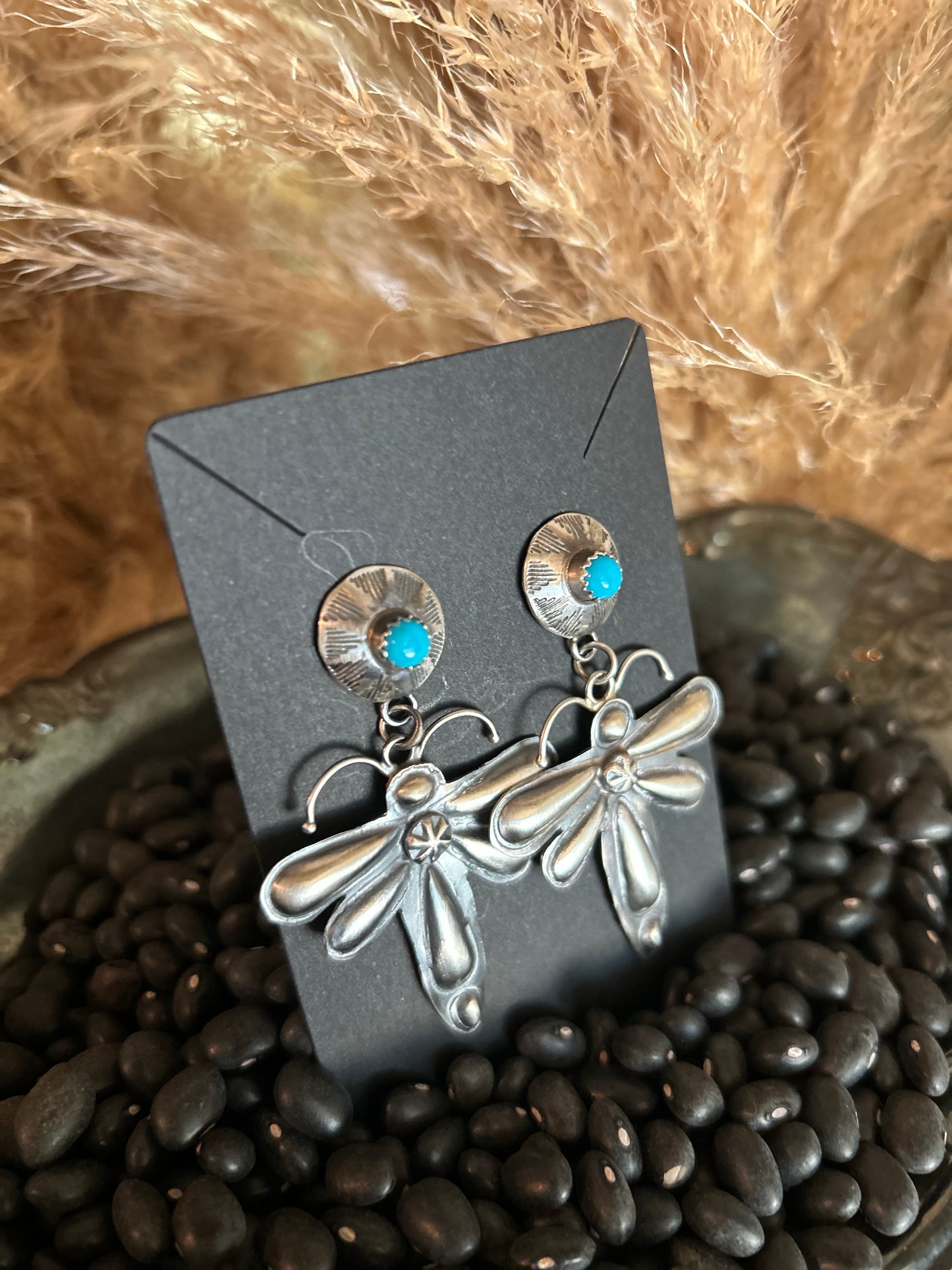Native Made Kingman Turquoise and Sterling Silver Dragonfly Dangle Earrings by Yazzie