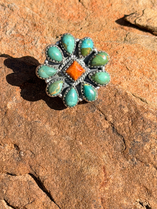 HANDMADE STERLING SILVER ORANGE MOJAVE WITH KINGMAN TURQUOISE ADJUSTABLE RING