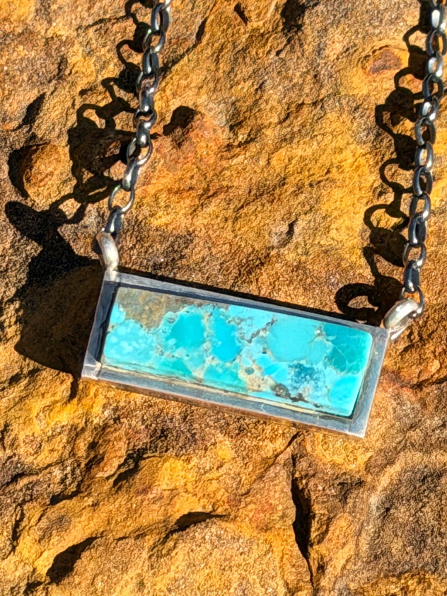 Authentic Native America Navajo Sterling Silver Kingman Turquoise Bar Necklace By Steve Francisco