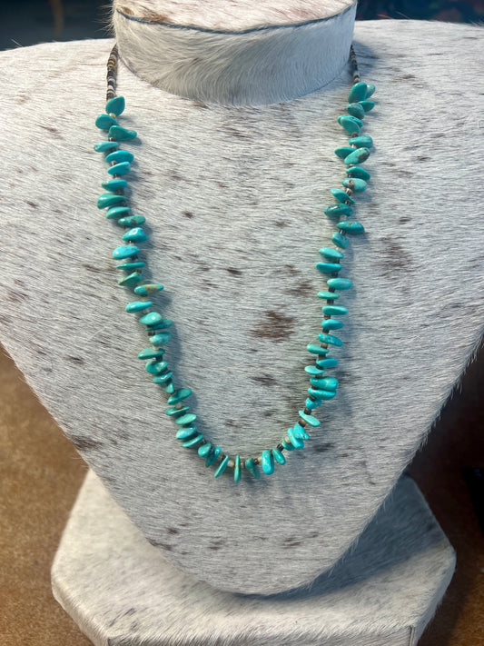 22 inch Long Real Turquoise and Shell Teardrop Shape Blue Side