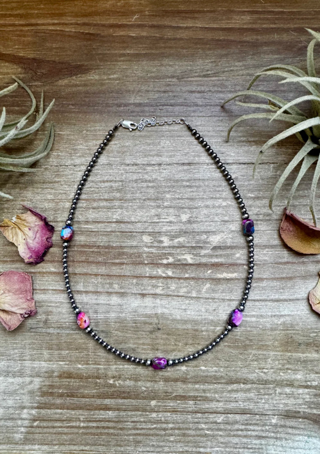 5 Pink dye Turquoise Choker and Sterling Silver Pearls