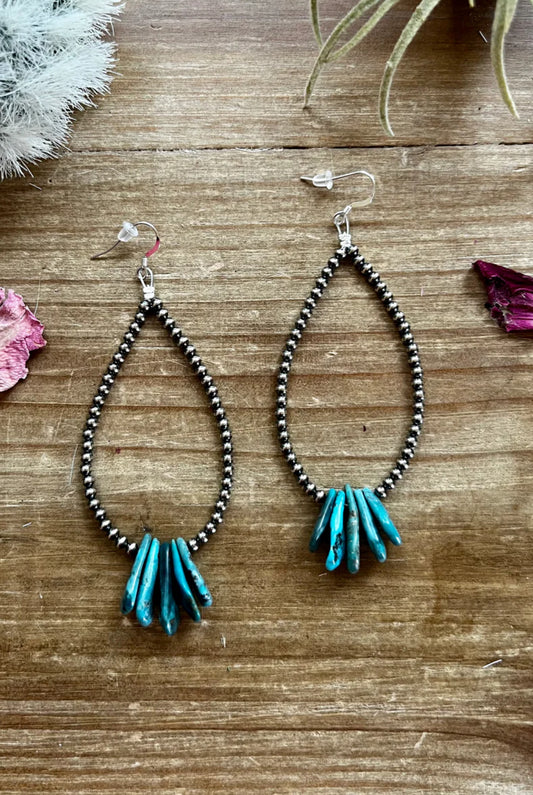 Long teardrop earrings Sterling silver pearls and teardrop turquoise