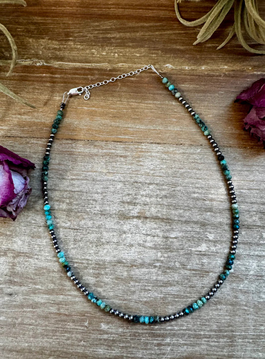 African Turquoise & Sterling Silver Pearl Choker – 3mm