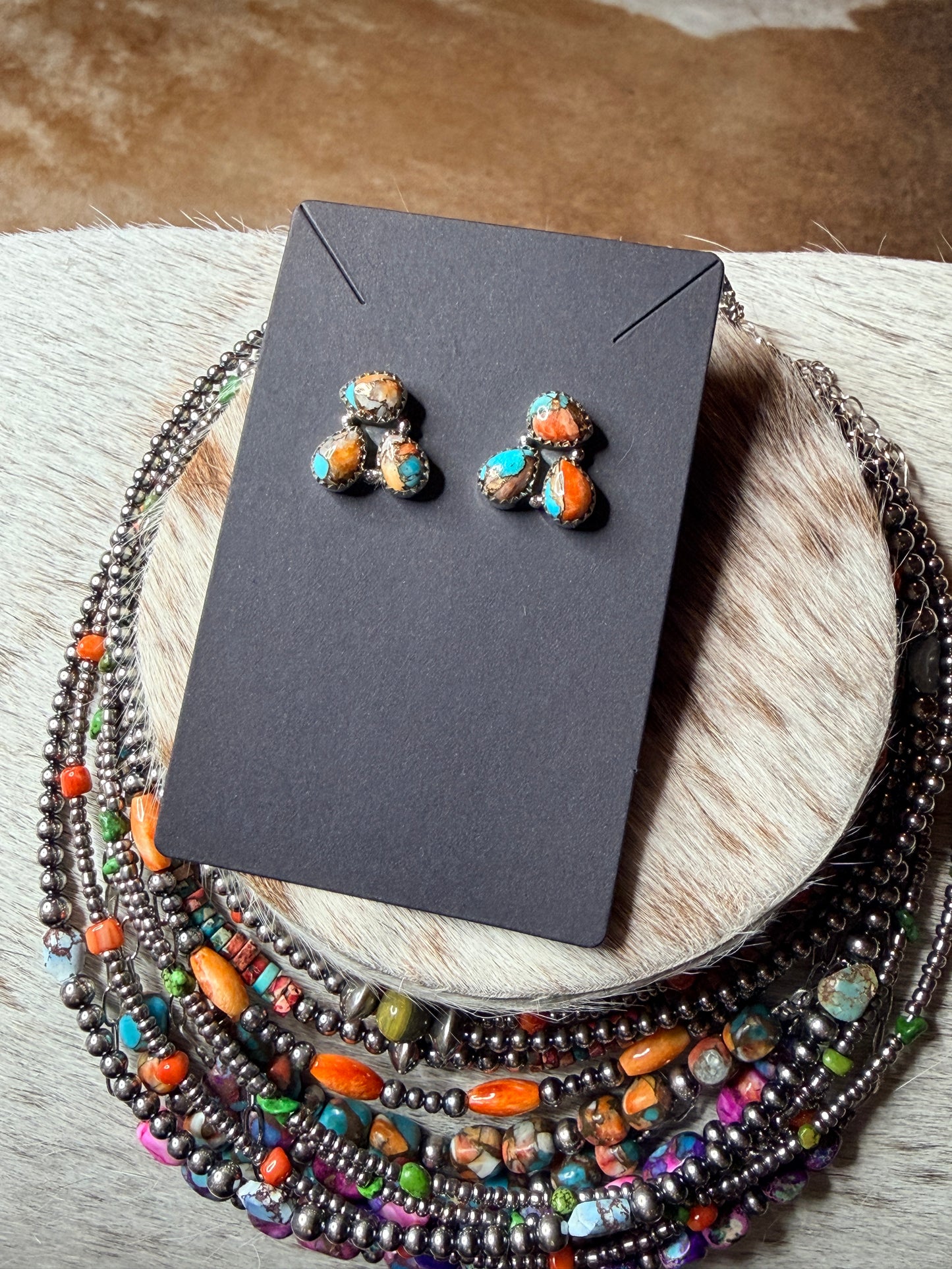 HANDMADE 3-STONE TURQUOISE & ORANGE MOJAVE CLUSTER STERLING SILVER STUD EARRINGS