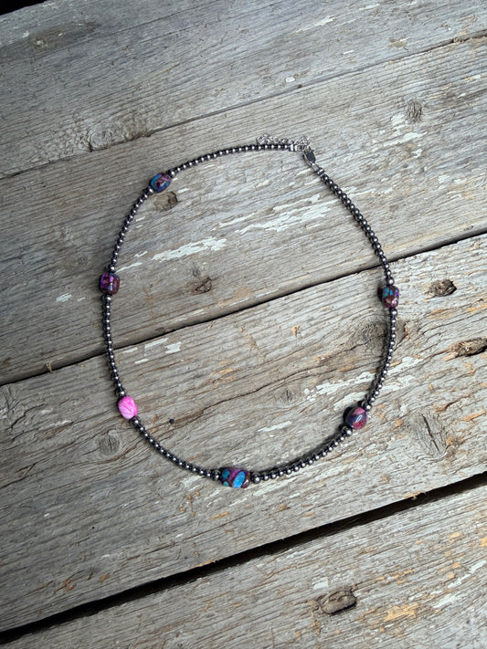 5 Pink dye Turquoise Choker and Sterling Silver Pearls