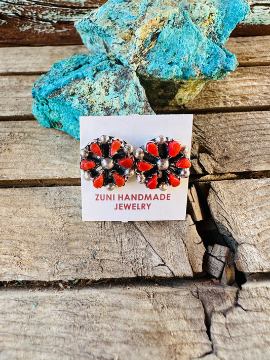 HANDCRAFTED STERLING SILVER & CORAL PETIT POINT STUD EARRINGS