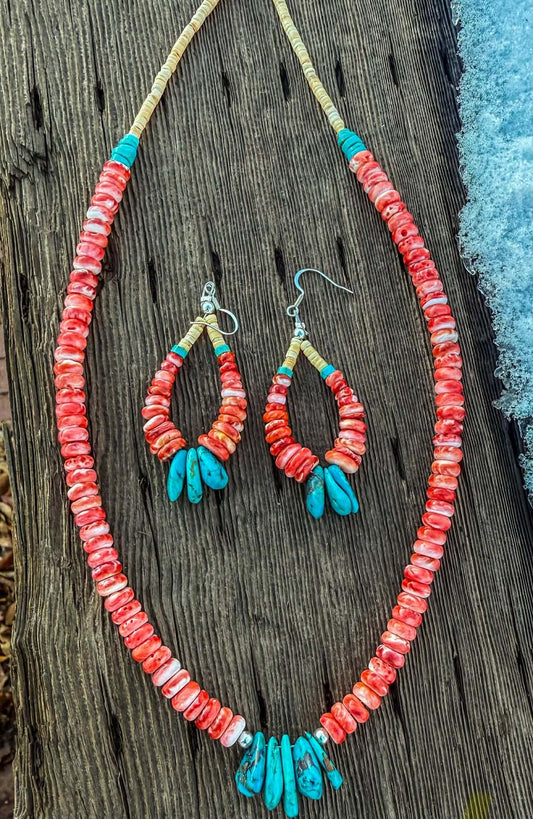 Native American Santa Domingo Jocla Graduated Spiny Oyster and Turquoise Necklace and Earring Set