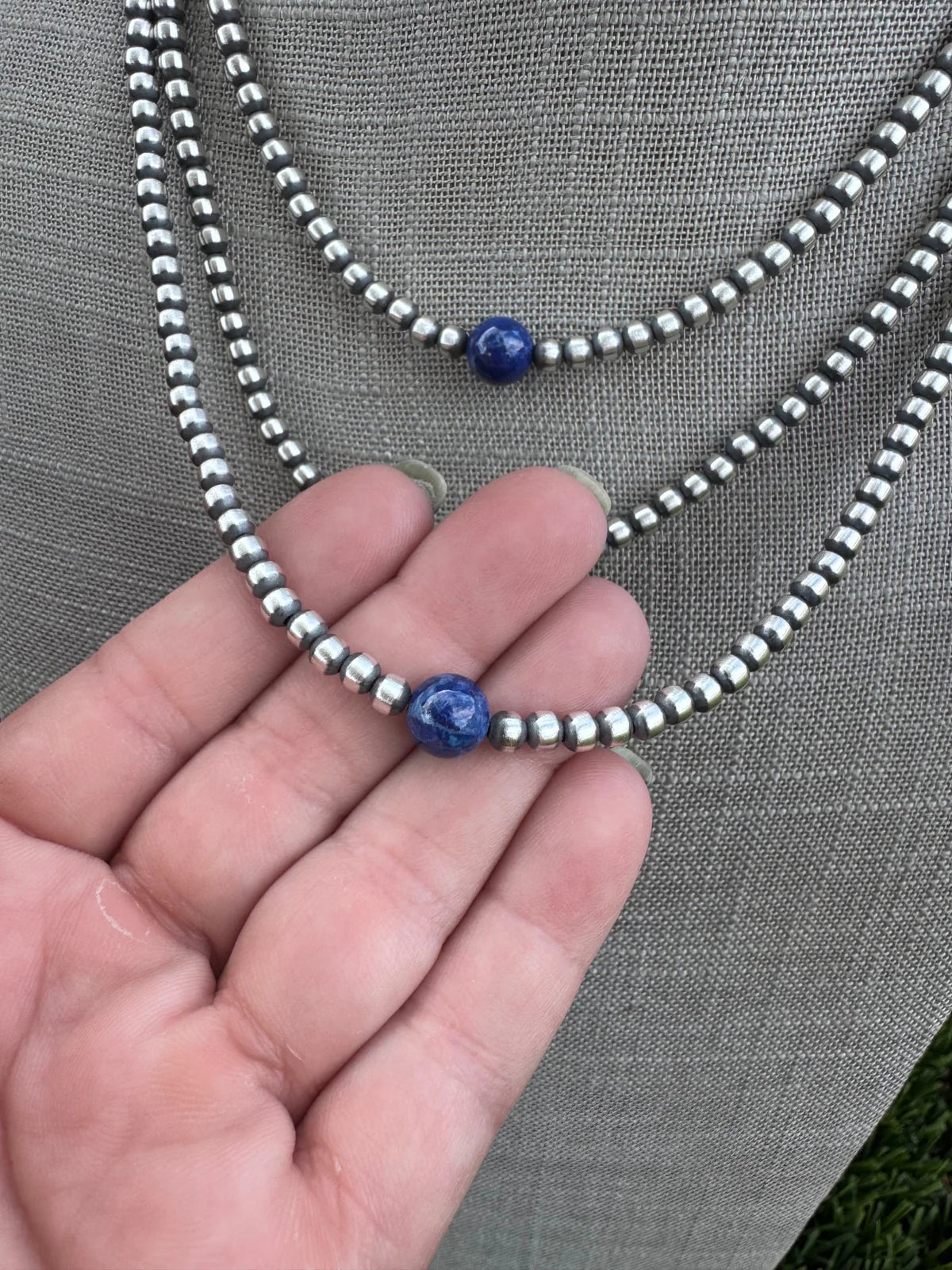 Native Made Lapis and Sterling Silver 4mm Pearl Necklace 20”