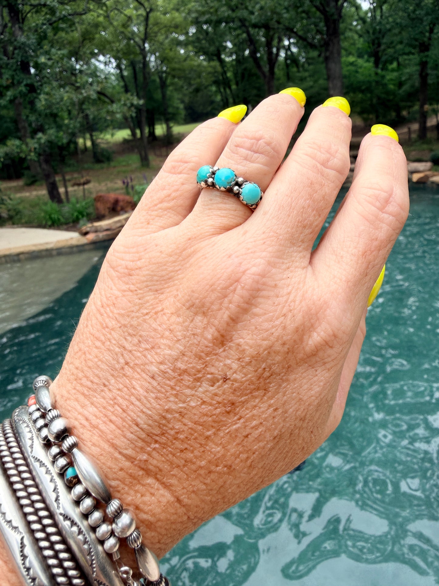 3 Stone Turquoise Ring with Rope Design by R King size 7