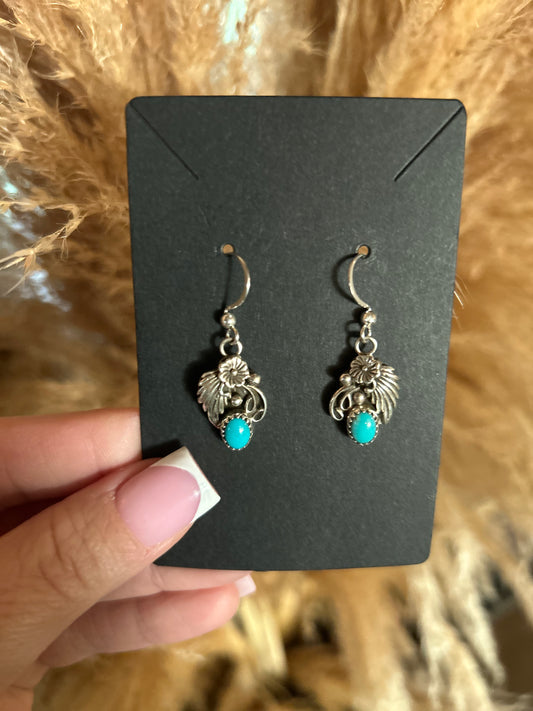 Sterling Silver Detailed Earrings with Kingman Turquoise by Jimson Belin