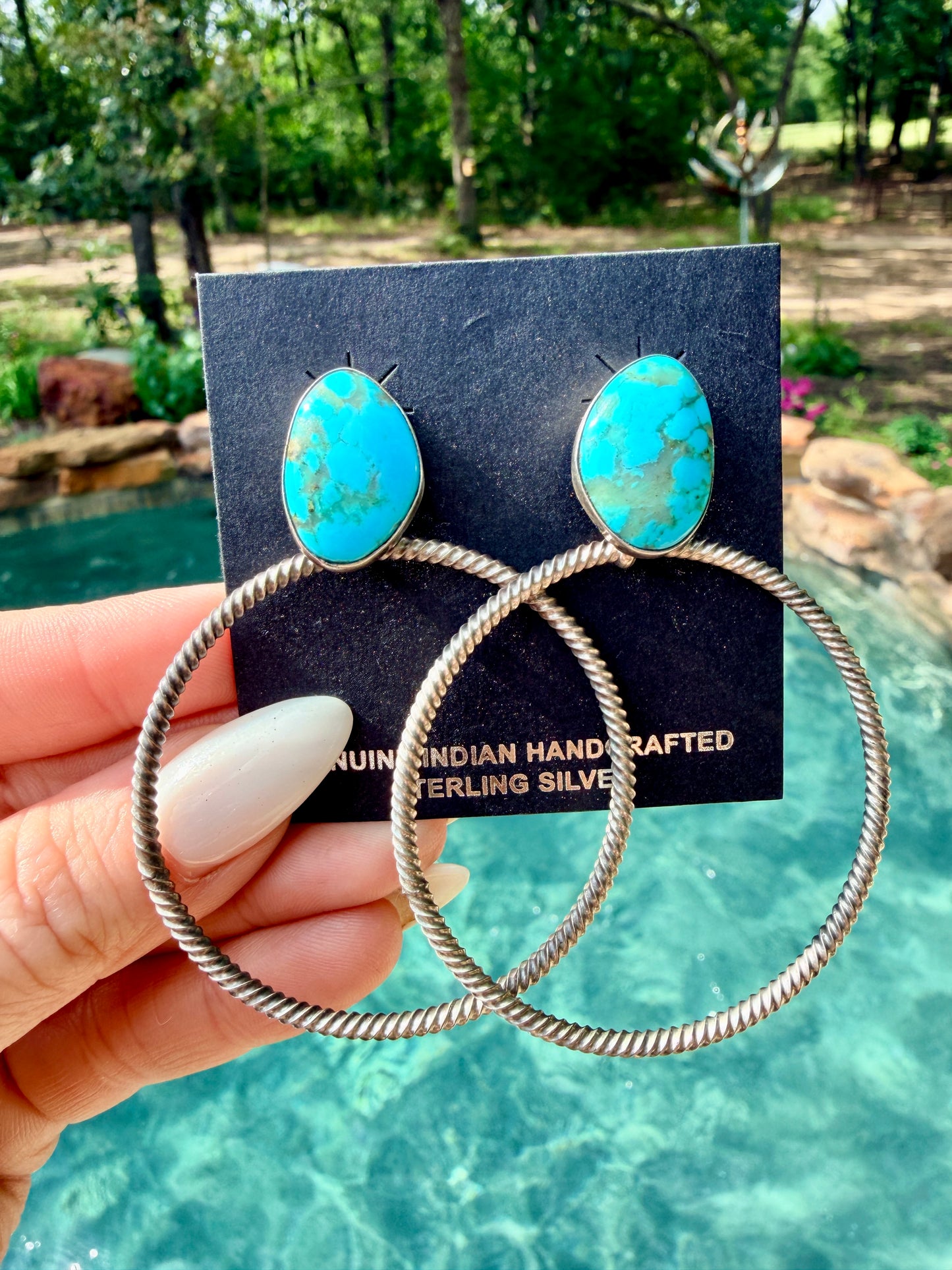 Twisted Rope Hoop Earrings with Turquoise Stone by Navajo Artist Verley Betone